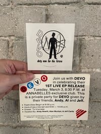 Devo 1979 promotional sticker and 1981 invitation for record release party with Devo.