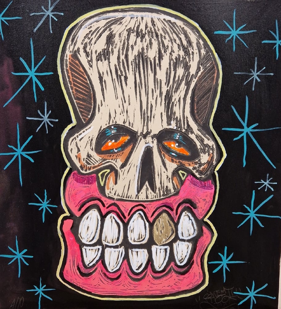 Classic Skull Embellished Linocut 