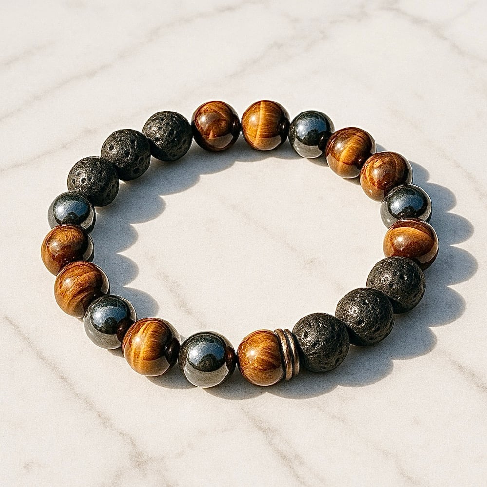 Protection Power Crystal Bracelet – Hematite, Tiger Eye, Lava