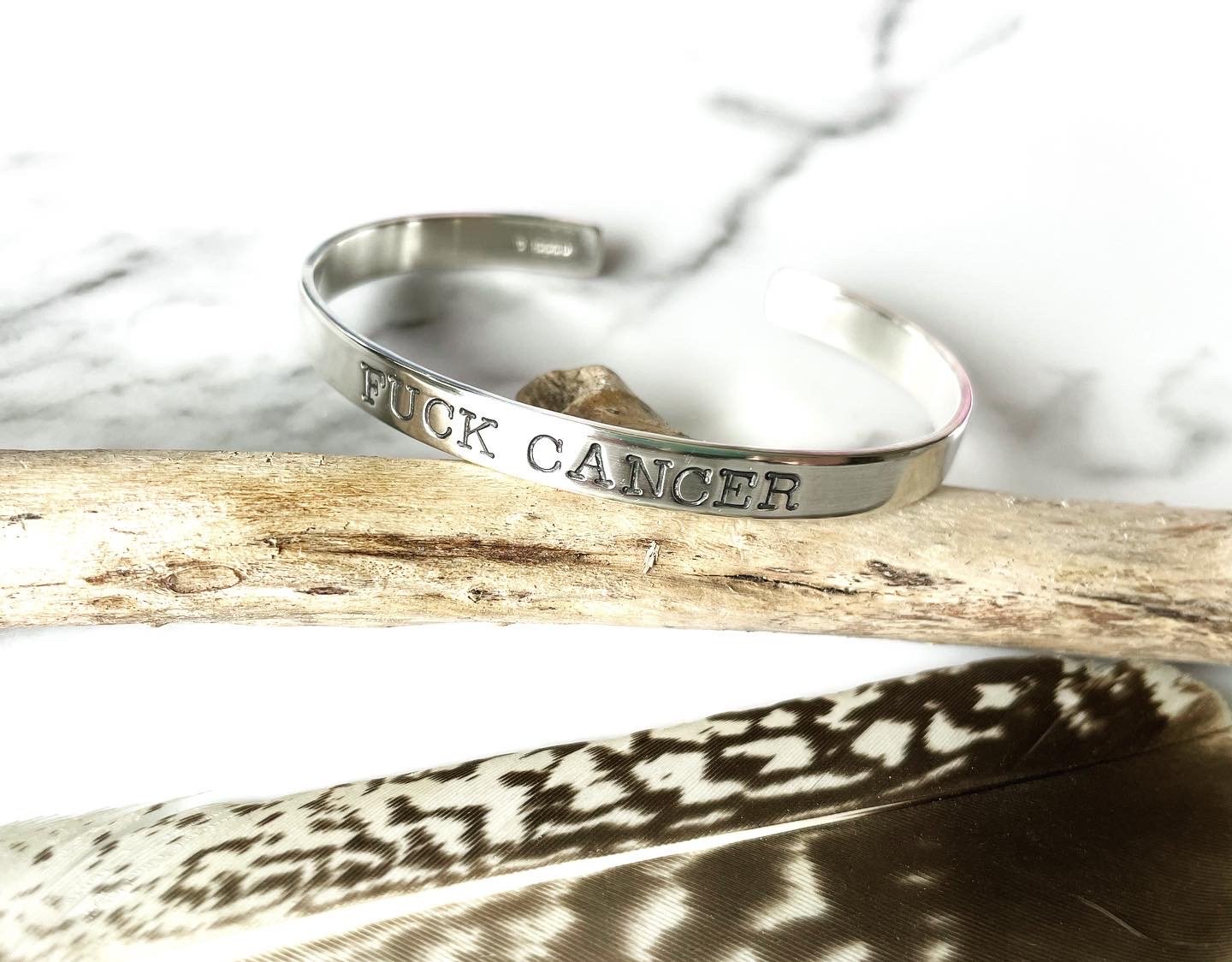 Image of Sterling Silver Cuff Bracelet 'FUCK CANCER'. Hand Stamped Silver Cuff F*ck Cancer 925