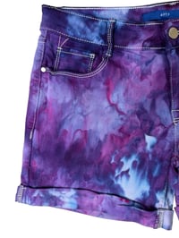 Image 4 of ♻️ UPCYCLED 8 Cuff Denim Shorts in Purple Haze Ice Dye