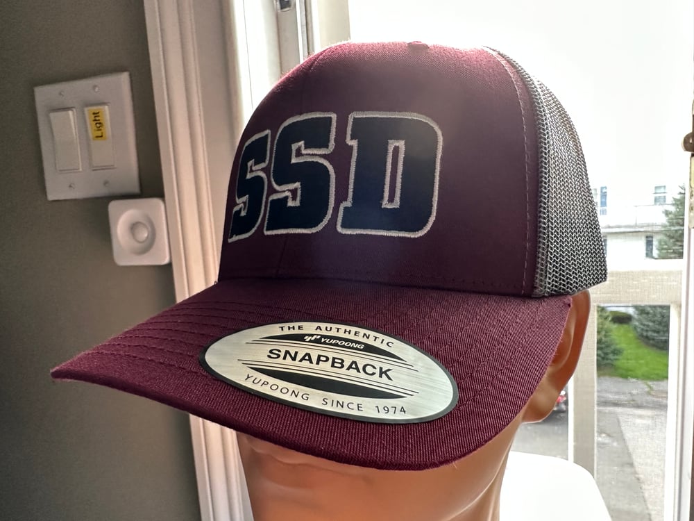 Yupoong Maroon & Grey Retro Trucker SSD Logo Snapback Cap 