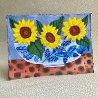 Image 2 of Sunflowers in a Blue and White Bowl