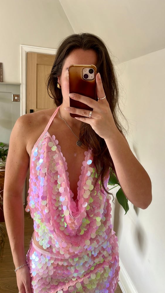 Heavily embellished Disc sequin Pink mesh halterneck cowl tie top