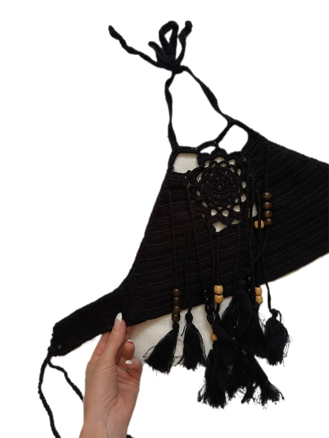 70s black crochet halter top