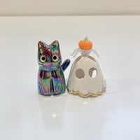 Image 6 of Glow in dark ghost mask, pumpkin, and spider black cat ceramic figurine (rainbow effect)