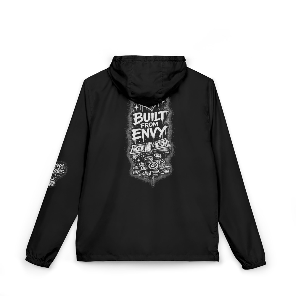 Image of Unisex Windbreaker Jacket — "Built From Envy" Black Graphic Hooded Windbreaker