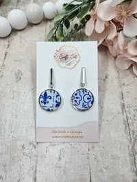Round Blue and White Tile Polymer Clay Earrings