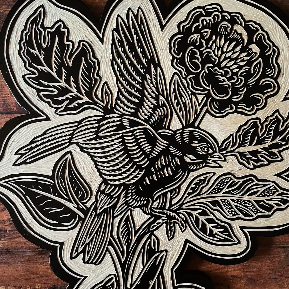 Image of Hand/Sparrow Woodcut 