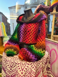 Image 1 of HOCUS POCUS - handmade crochet art - brown red green crop hooded jumper - flared bell sleeve