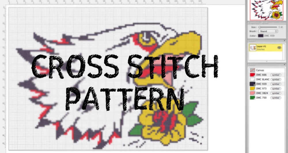 Image of DIY Eagle with Yellow Rose Tattoo Themed Cross Stitch Pattern