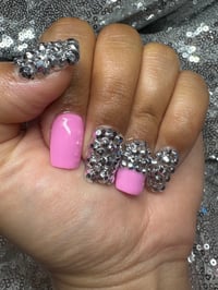 Image 3 of  Pink short square Silver rhinestone gel press on nails