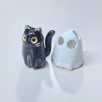 Image 3 of Black Kitty Cat With Ghost Mask Ceramic Figurine 3 