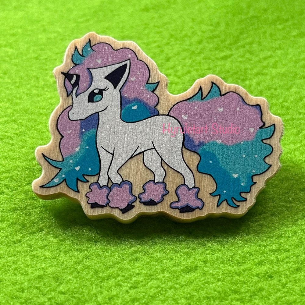 Pocket Monster Galarian Ponyta, Unicorn Psychic Type Wood Pin Pastel
