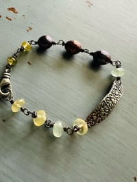 Image 2 of garnet and peacock pearl bracelet with beloved charm