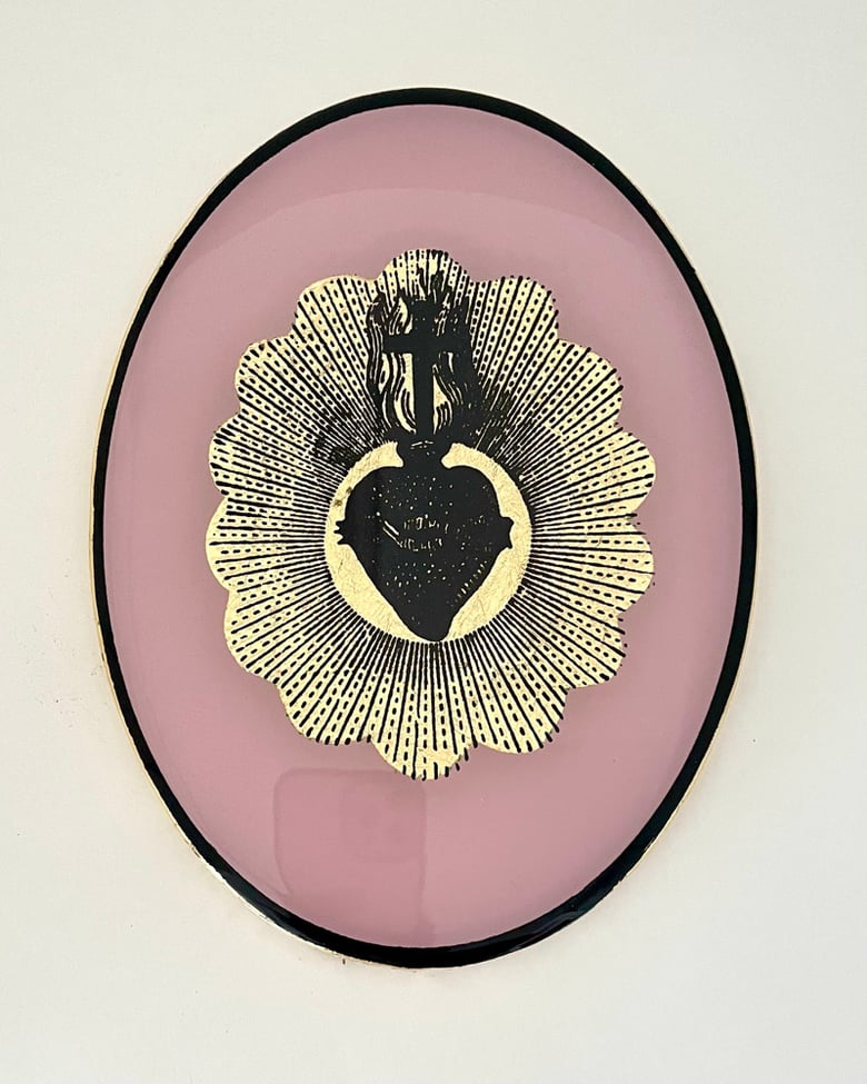 Image of Sacred Heart Oval Pink/Black/Gold leaf 