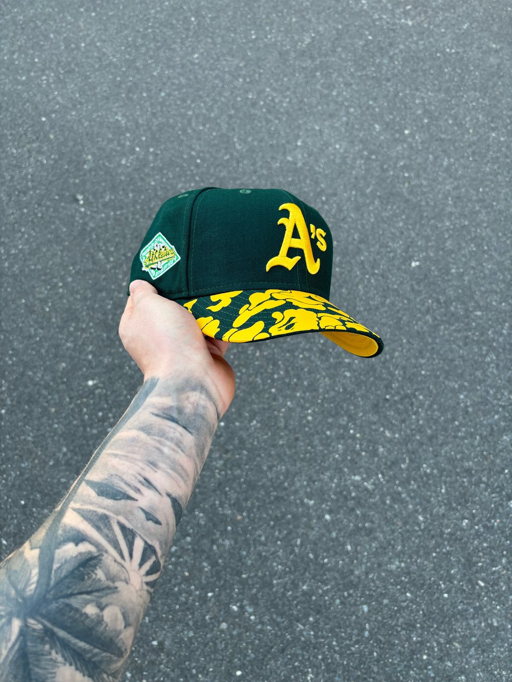 Image of YELLOW BRIM FOREST GREEN OAKLAND ATHLETICS CUSTOM FITTED CAP