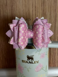 Image 1 of Spring Blossom Pink & Yellow Designer-Inspired Straw Topper Bow