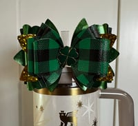 Image 1 of St. Patrick’s Green and Black Plaid Tumbler Straw Topper Bow