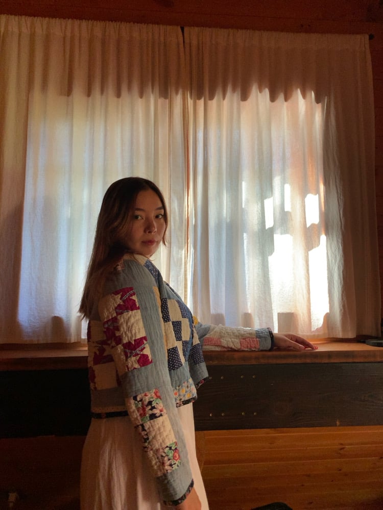 Image of Quilt Collared Cropped Coat — Slate Patchwork