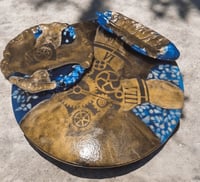 Image 1 of Antique-Style Decorative Tray Set - Handcrafted Faux Marble with Steampunk Clock Design.