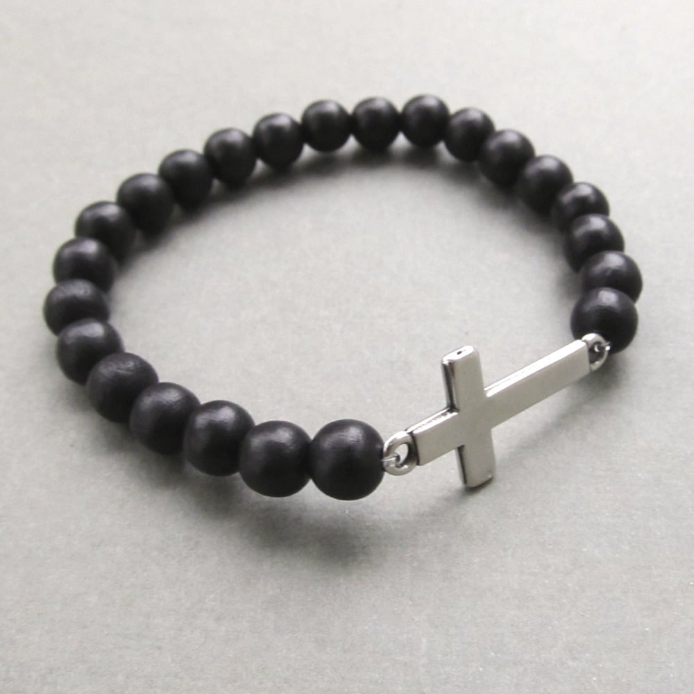 Image of Black beaded stretch bracelet with sideways cross