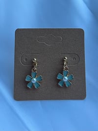 Image 1 of Gold Pearl Blue Flower Earrings