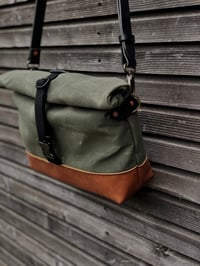 Image 4 of olive green waxed filter twill satchel / messenger bag / canvas day bag