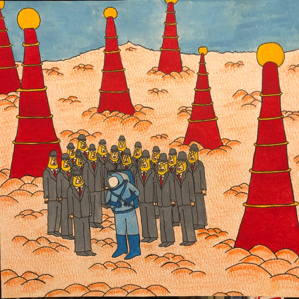 Image of Oh Great. Space Businessmen : original 7x7 watercolor and pencil