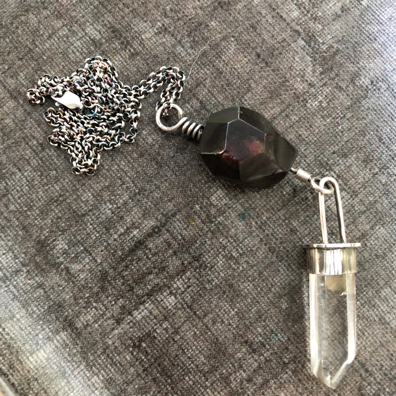 Image of Large Faceted Garnet Bead with Clear Quartz Crystal Point Necklace