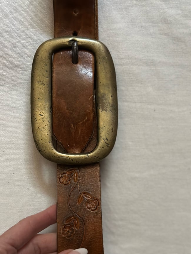 late 60s/early 1970s tooled leather belt with massive brass buckle