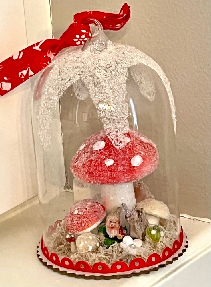 Image of Red Mushroom Tiny Gnome Glass Dome Decor
