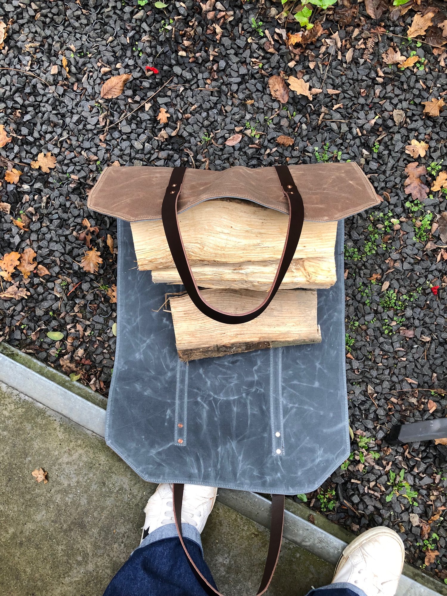 Image of Firewood carrier, log carrier, wood holder made in waxed canvas