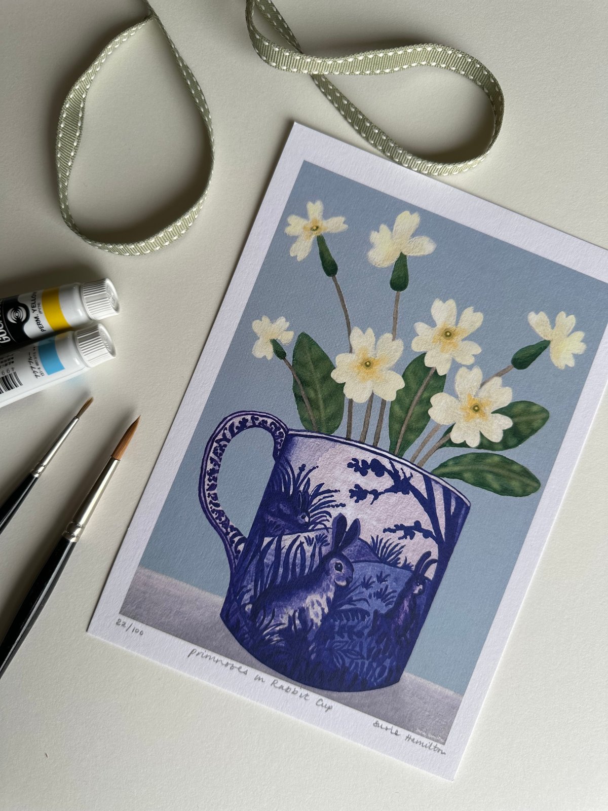 Primroses in Rabbit Cup Print & Card