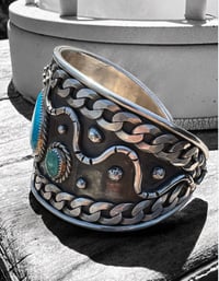 Image 2 of Ride the Sky Sterling Silver Morenci Turquoise and Curb Chain Snake Cuff 6.5-7”