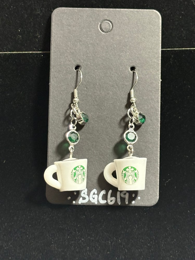 Image of Starbucks coffee Mug handmade dangle Earrings with Green Accents