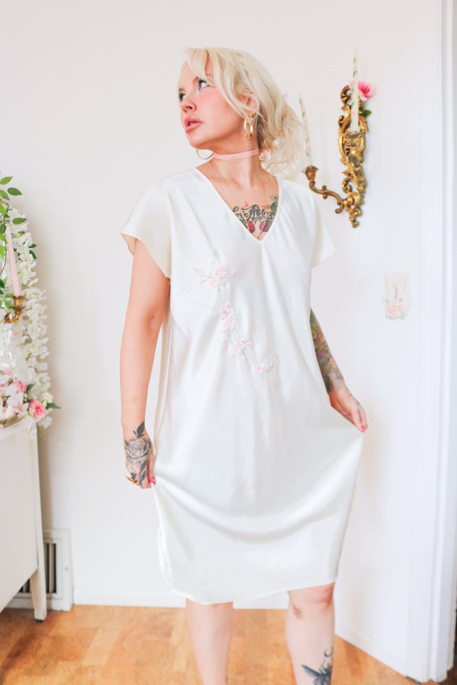 Image of Y2K Secret Treasures Fairy Silky Gown with Pastel Floral Embroidery  (Large)