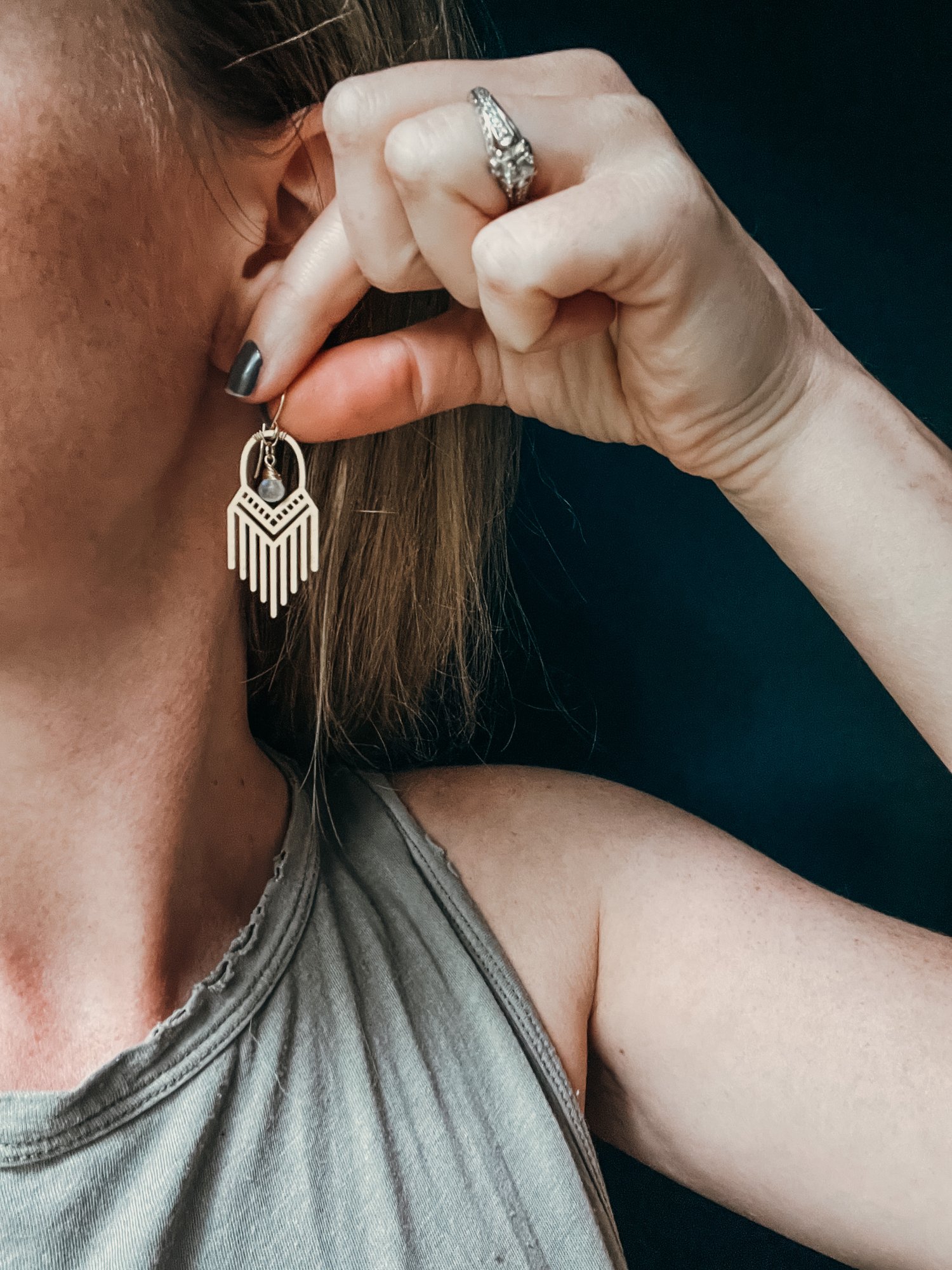 Image of Rainbow Moonstone Brass Boho Dangles