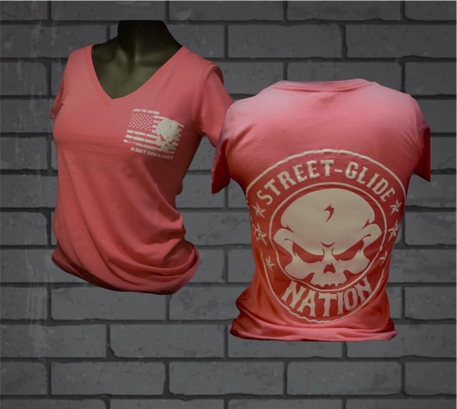Street Glide Nation OG Short Sleeve Ladies V-Neck Pink Shirt. (White Ink)