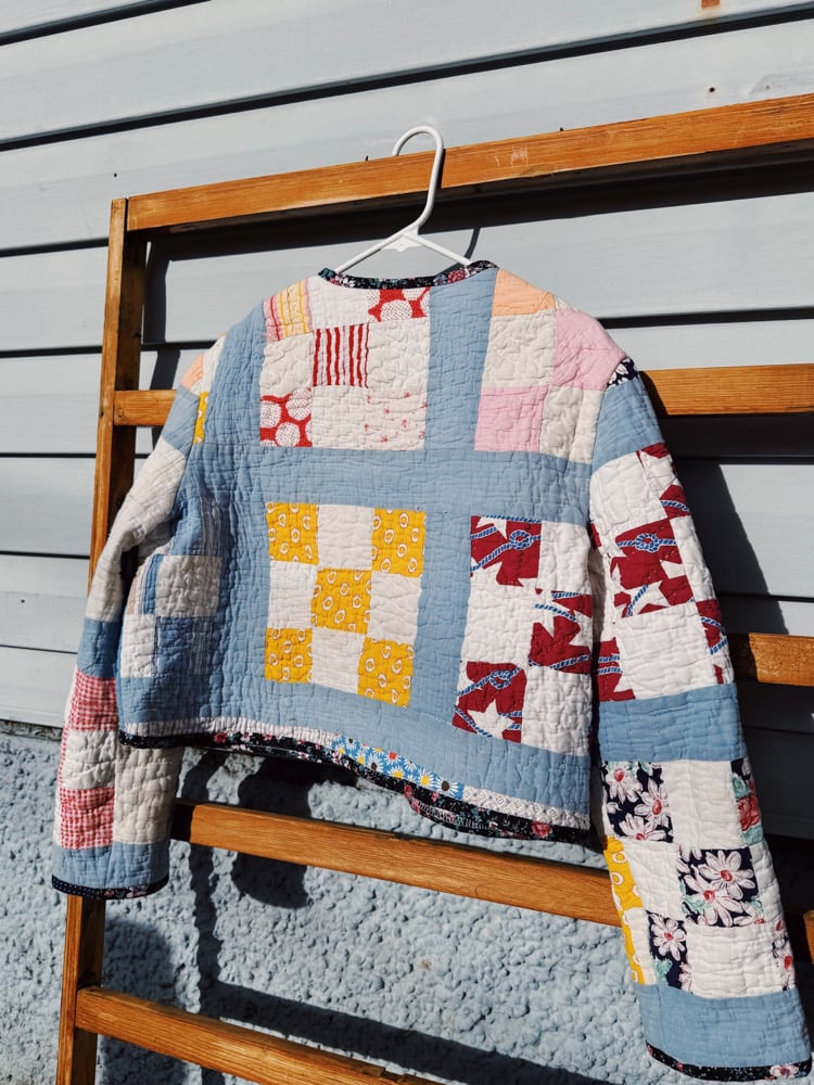 Image of Quilt Collared Cropped Coat — Slate Patchwork