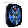 Original Velvet Painting 9x7 // Faux Medieval Stained Glass Rose on Black Velvet Wood Plaque