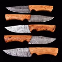 Image 1 of Set of 5 Handmade Damascus Steel Skinner Knives with Olive Wood Handles & Cowhide Leather Sheaths