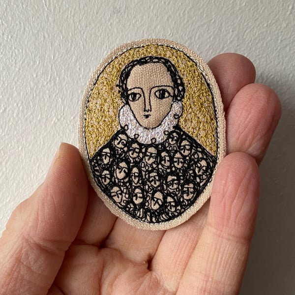 Image of Portrait of a noble woman in black with gold  - embroidery portrait brooch 