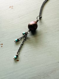 Image 5 of peacock pearl pendant with Kingman turquoise fringe