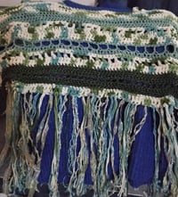 Image 1 of Crocheted pullover fringed shrug (various shades of green & off white)