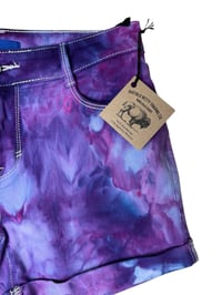 Image 3 of ♻️ UPCYCLED 8 Cuff Denim Shorts in Purple Haze Ice Dye