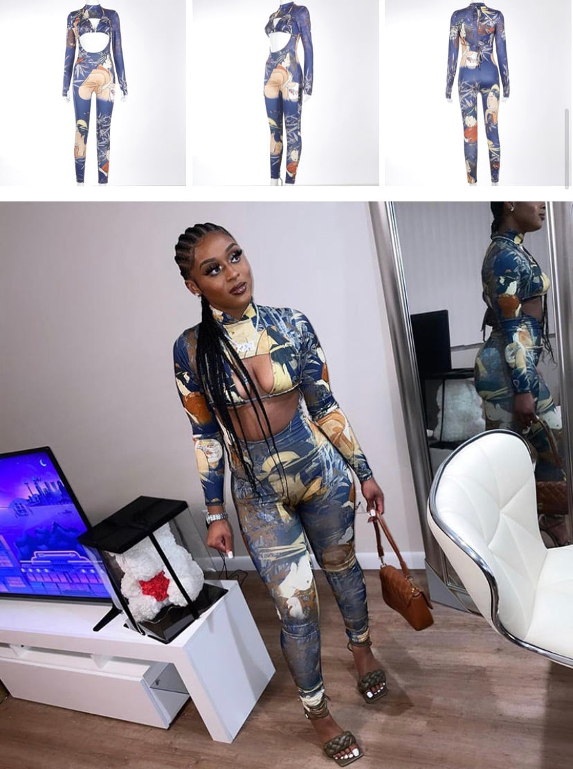 Image of Multi-Color print hollow jump suit + bra two piece set