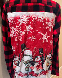 Vintage Black/Red Flannel Shirt Winter Snowman & Penguins