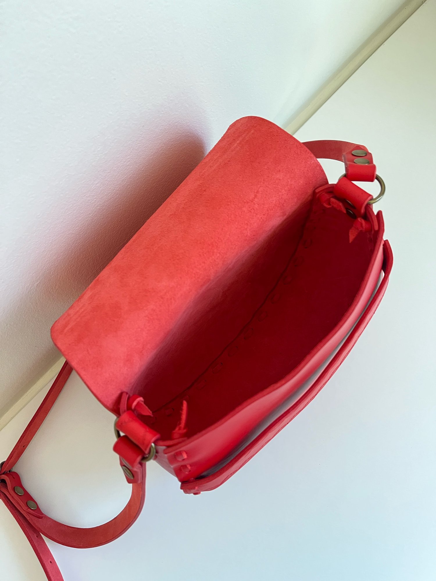 Image of Candy Apple Red Vachetta Crossbody Saddle Bag