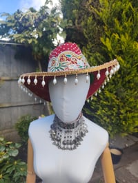 Image 2 of Dolly cowboy hat - recycled sari fabric Dark Red and green